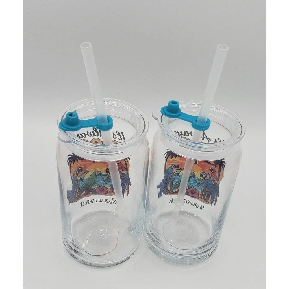 Margaritaville NEW Set of 2 Glass Sippers 16oz It's Always 5:00 Lids & Straws
